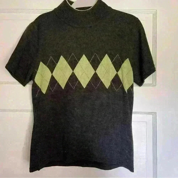 Vintage Tahari Women’s Sweater Mock Turtleneck Grey Green Argyle 90s Preppy Fall - Picture 6 of 9